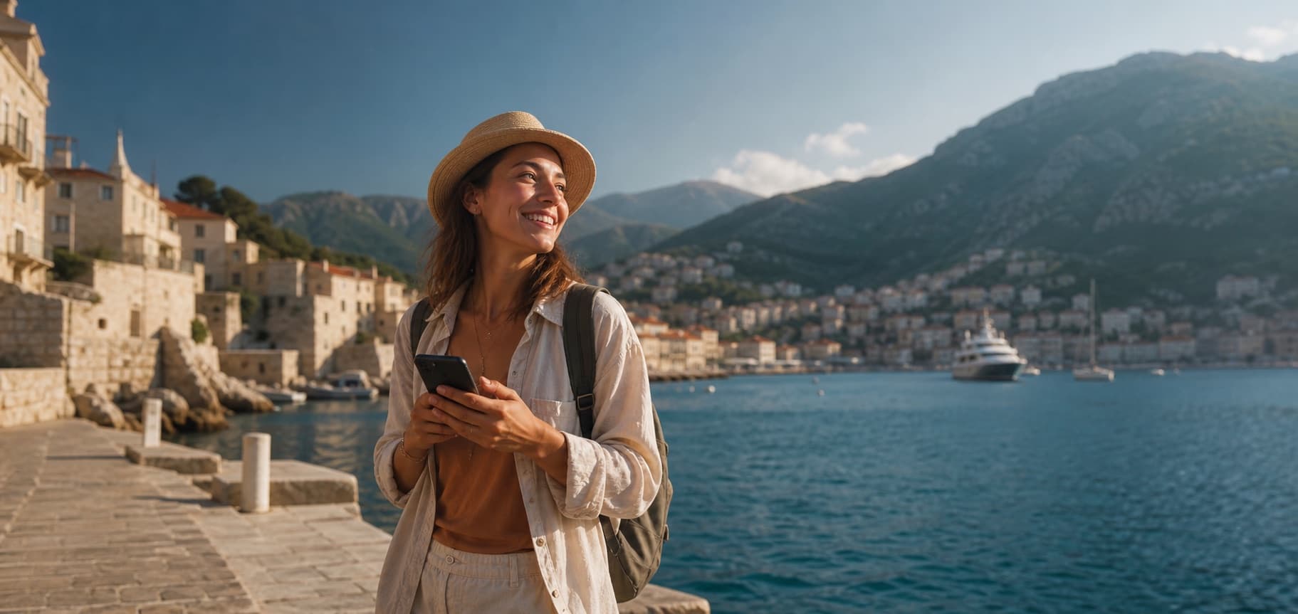 Smiling traveler using a smartphone by the coast while staying connected with a travel eSIM.