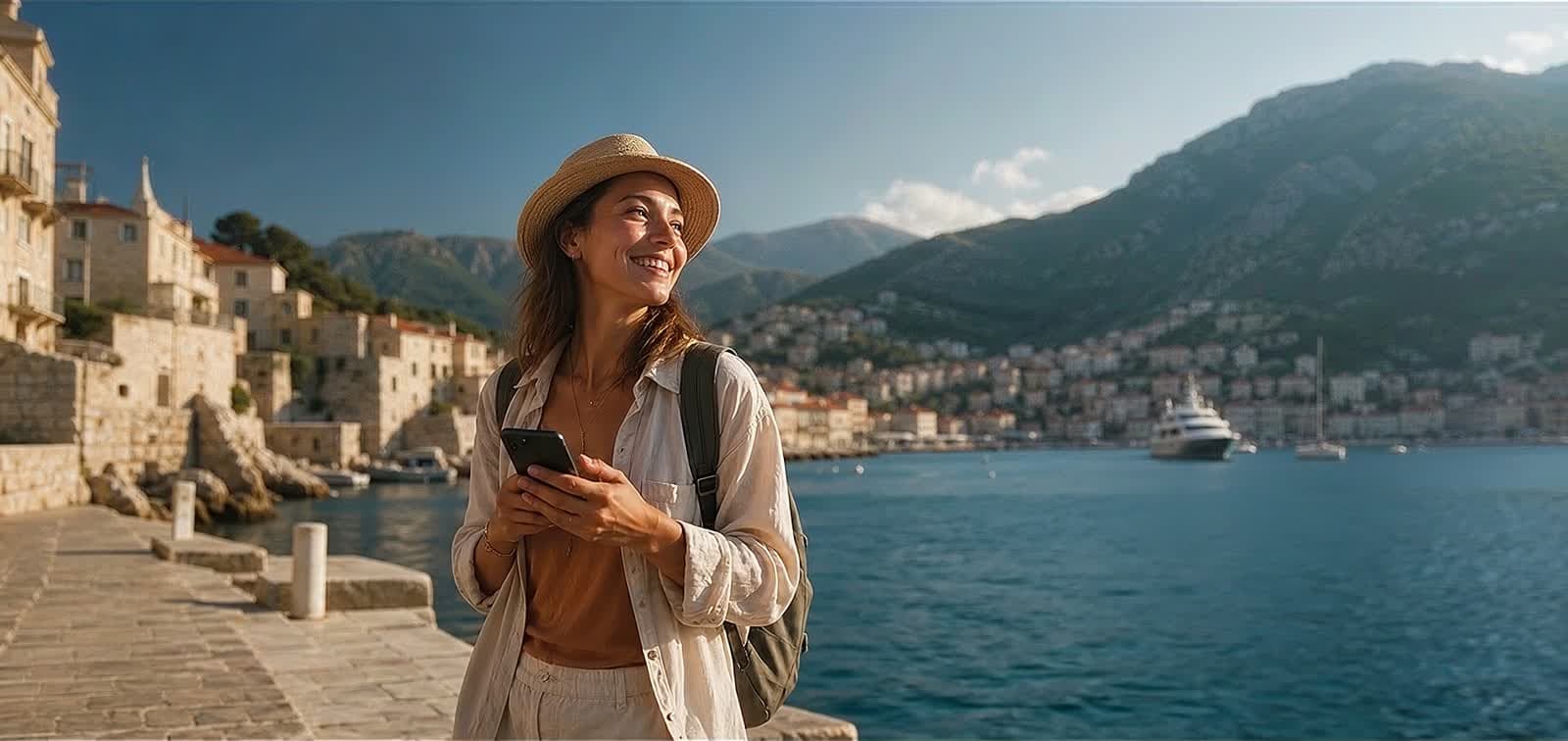 Smiling traveler using a smartphone by the coast while staying connected with a travel eSIM.